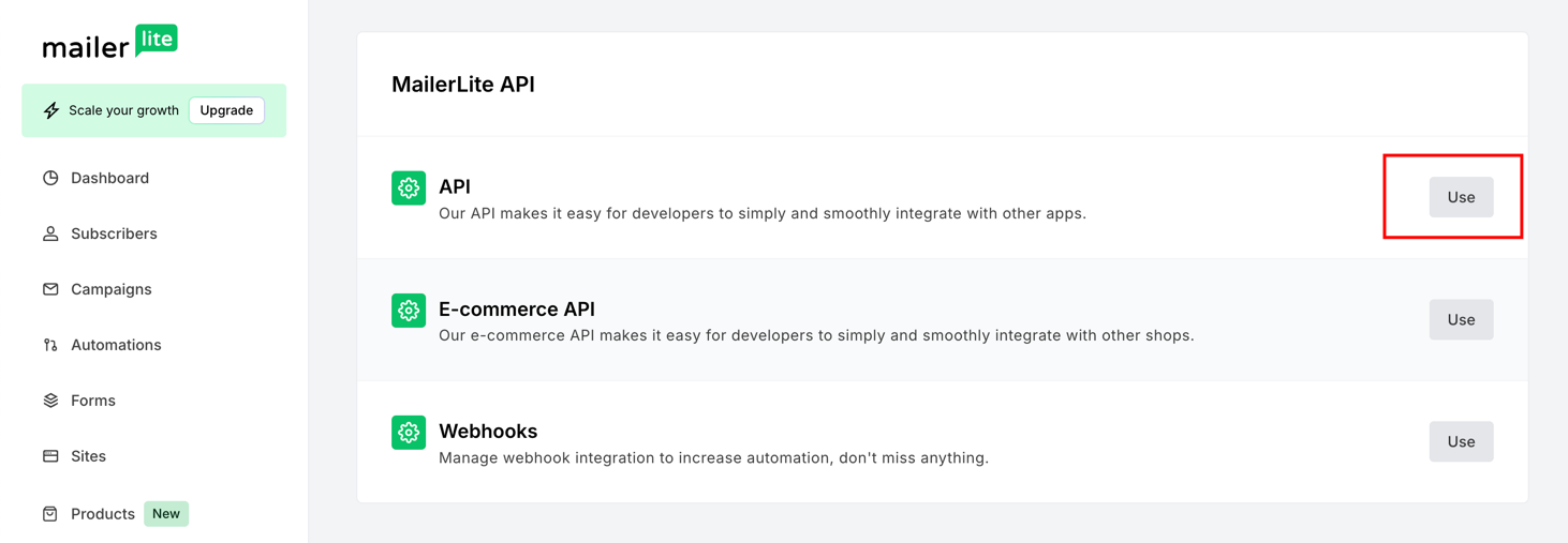 The API integration on the MailerLite API page