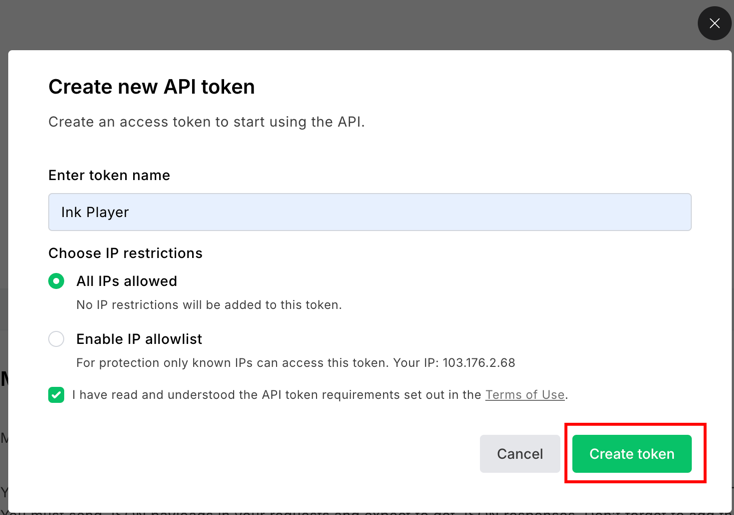 The Create new API token dialog
