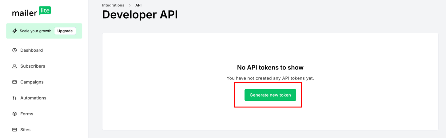 The Generate new token button on the Developer API page