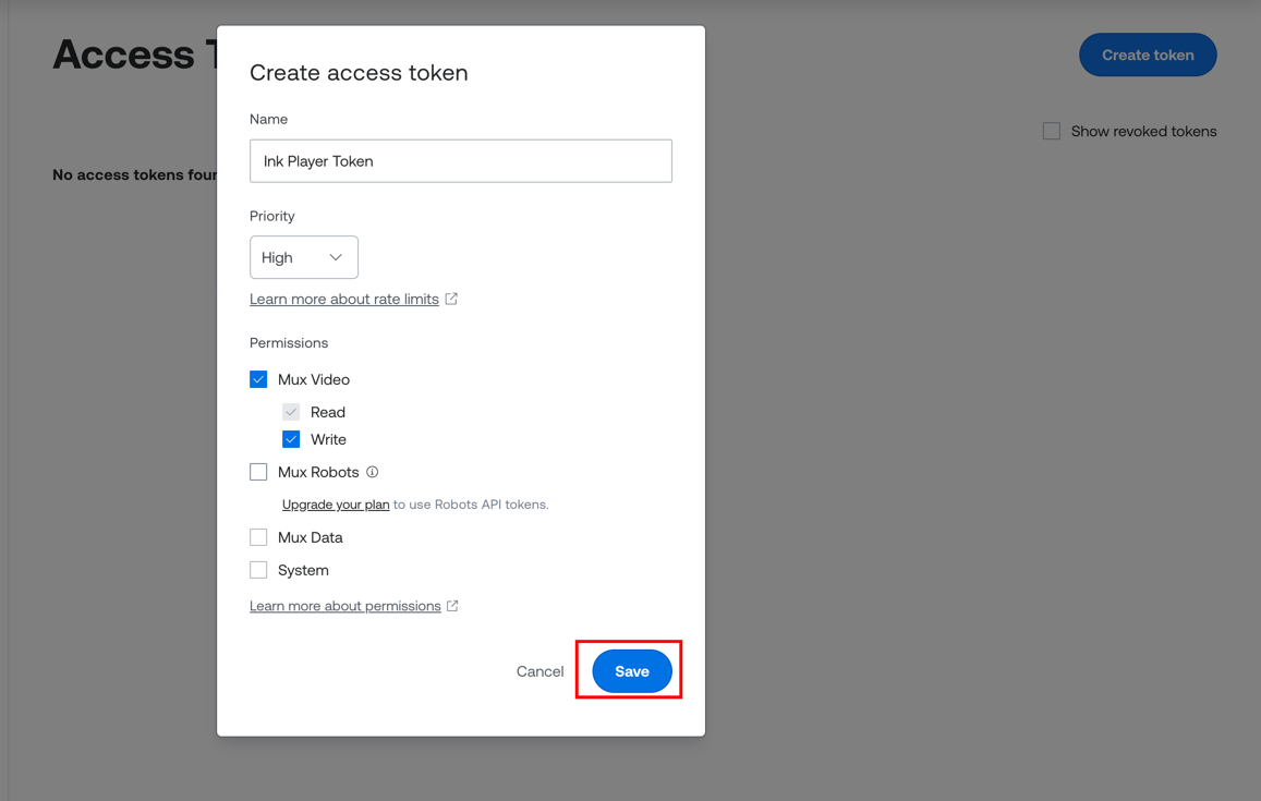 The Create access token dialog with Mux Video read and write permissions