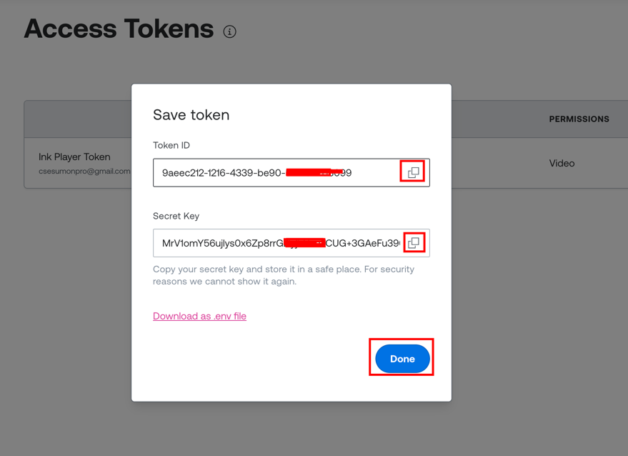 The Save token dialog showing the Token ID and Secret Key