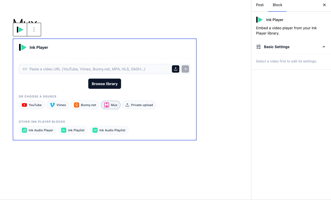 The Ink Player block with Mux as a source option