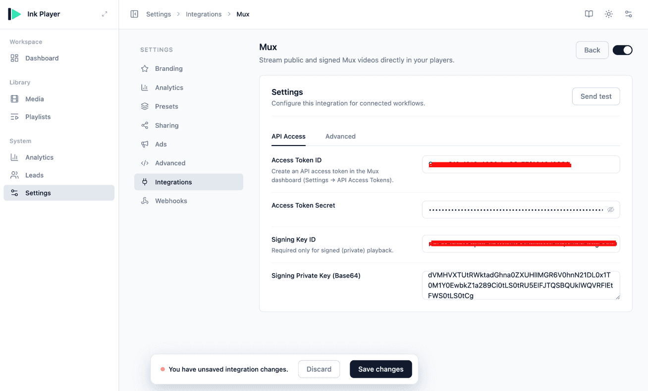 The Mux settings in Ink Player with the API Access fields