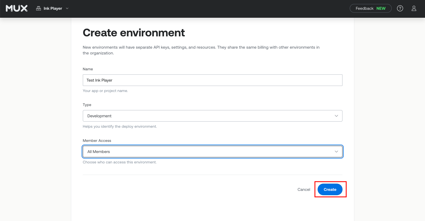 The Create environment form