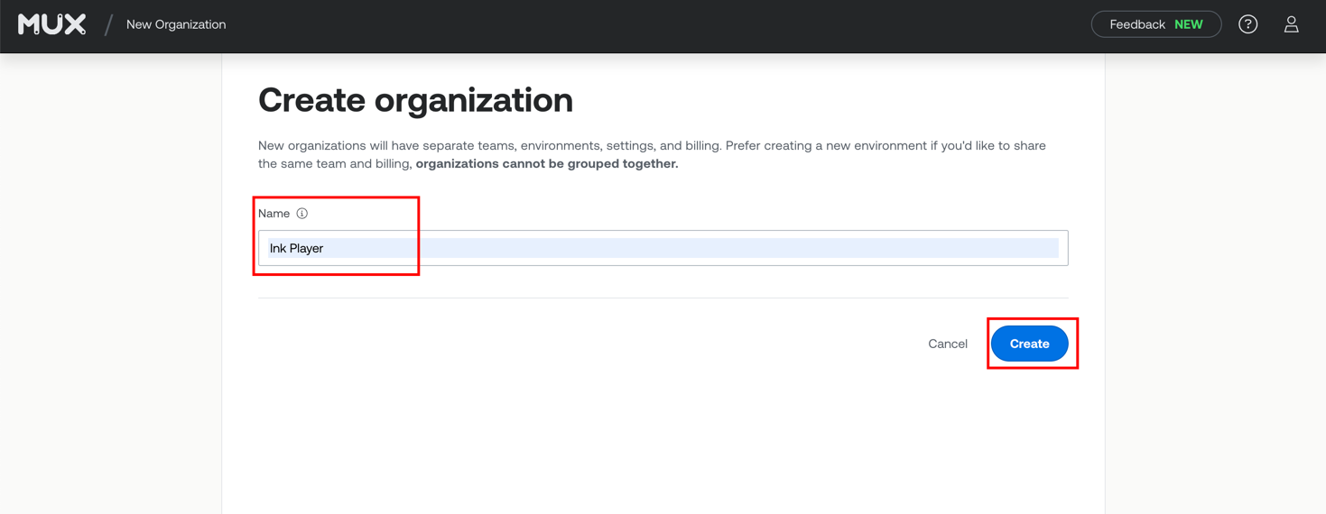 The Create organization form with a name field