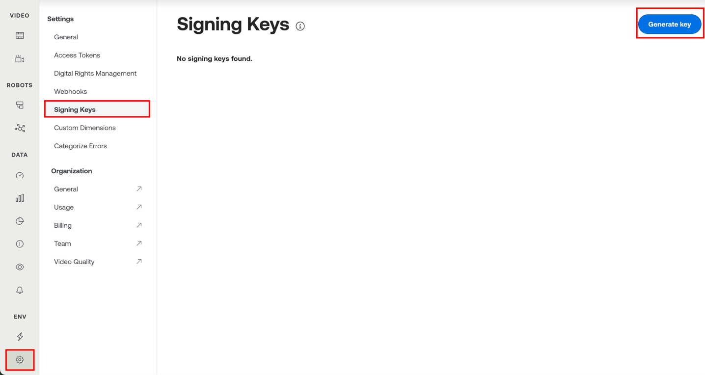 The Signing Keys settings page with the Generate key button