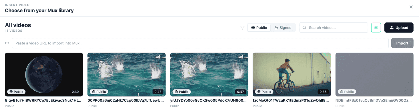 The Mux picker with the import-from-URL bar open