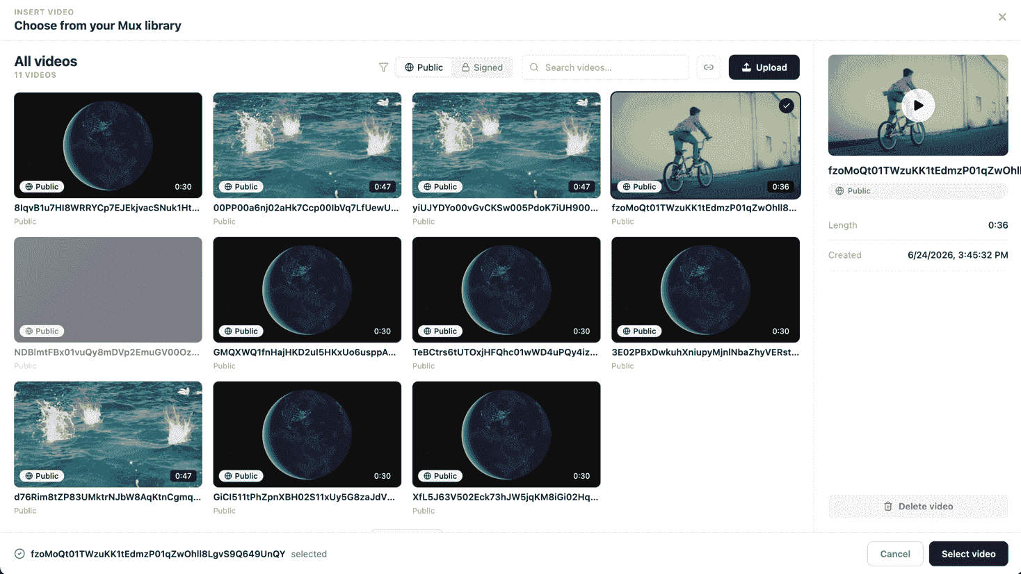 The Mux media picker with public/signed filter and asset grid