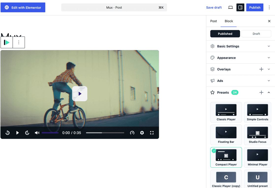 A Mux video rendered in the Ink Player block