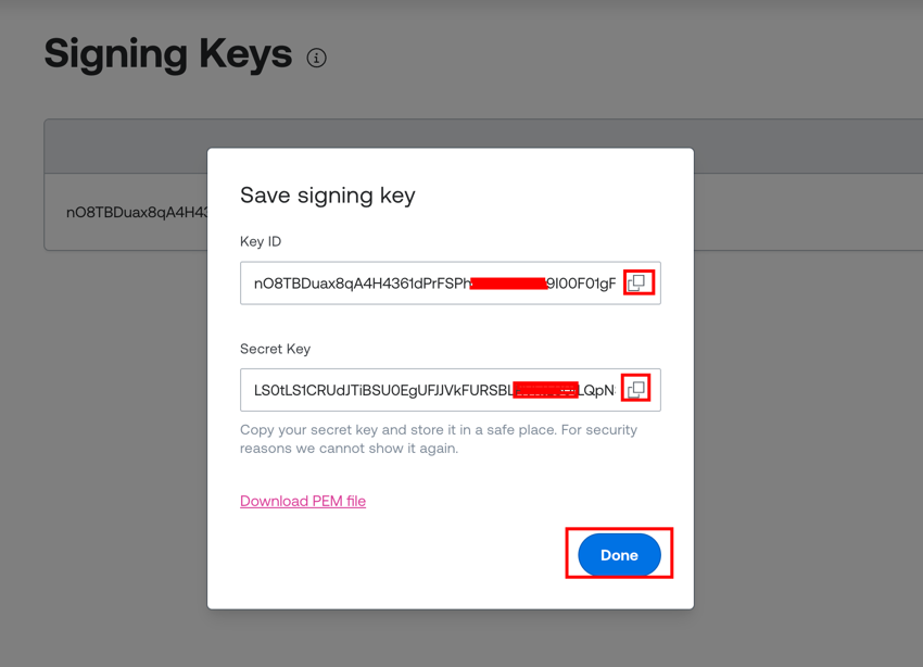 The Save signing key dialog with the Key ID and Base64 secret key