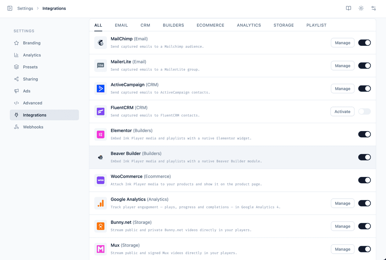 Integrations grid in the admin
