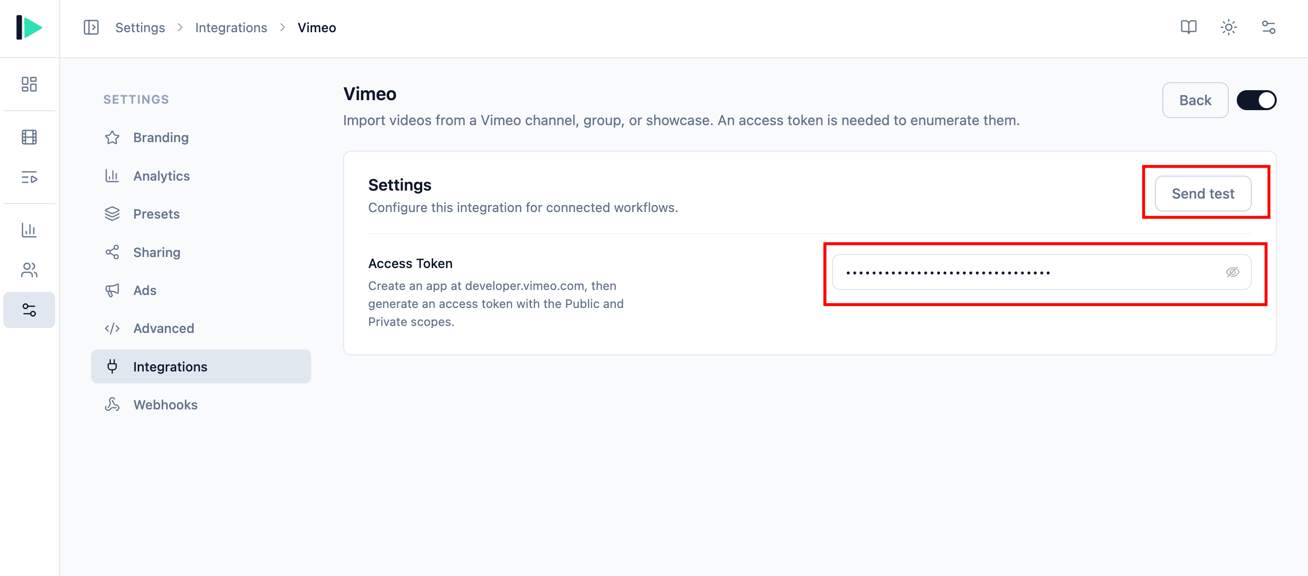 The Vimeo integration settings with the Access Token field and Send test button