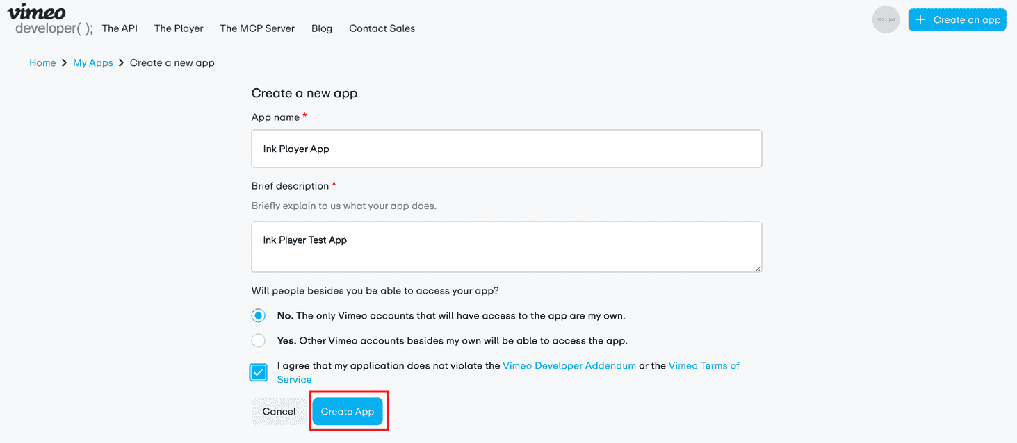 The Create a new app form on Vimeo