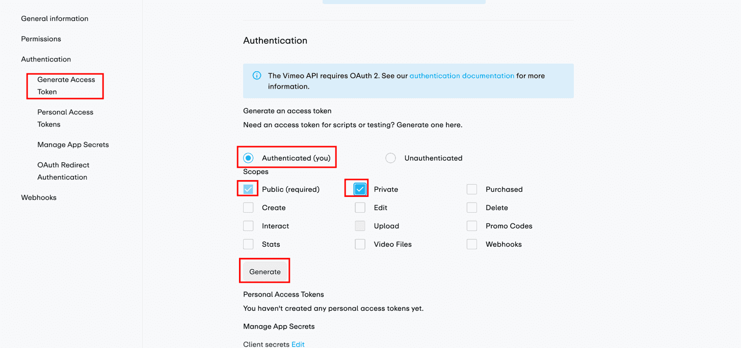 Generating a Vimeo access token with the Public and Private scopes