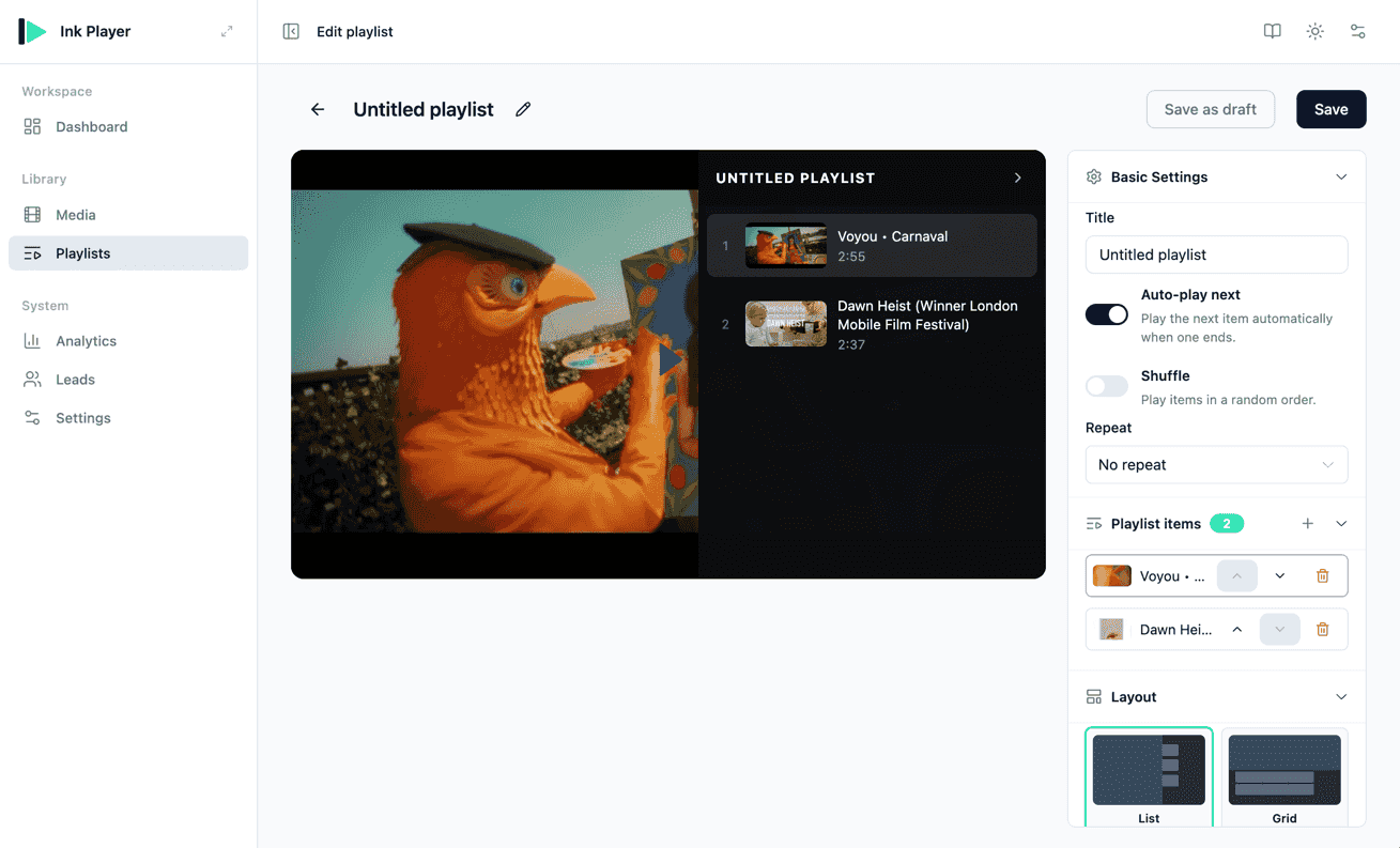 The Ink Player playlist editor with the imported Vimeo videos