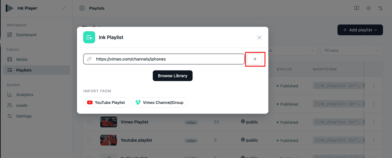 The new-playlist dialog with a Vimeo collection URL and the Import from options