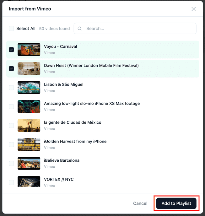 The Import from Vimeo dialog listing the collection's videos with checkboxes