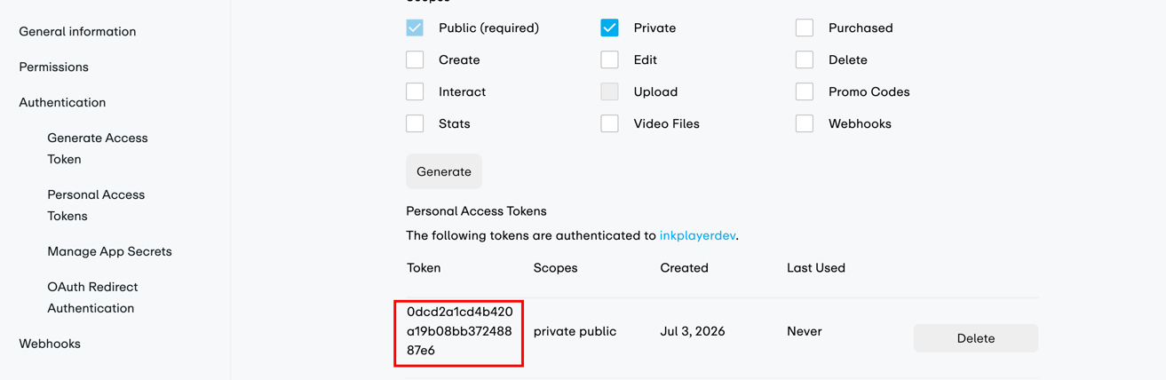 The generated personal access token with public and private scopes