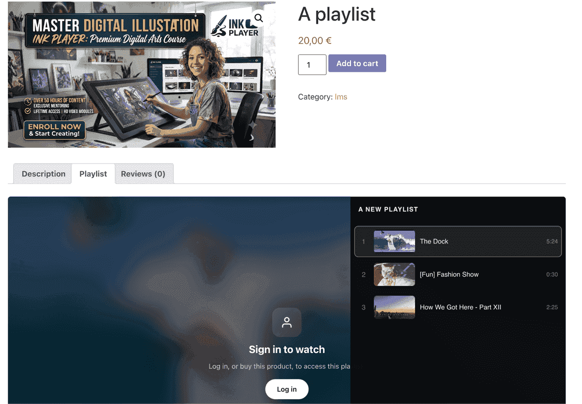Front-end product page with a purchasers-only playlist lock screen