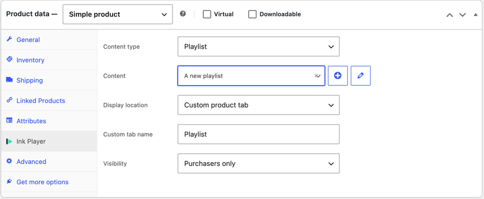 A playlist set to a custom product tab with purchasers-only visibility
