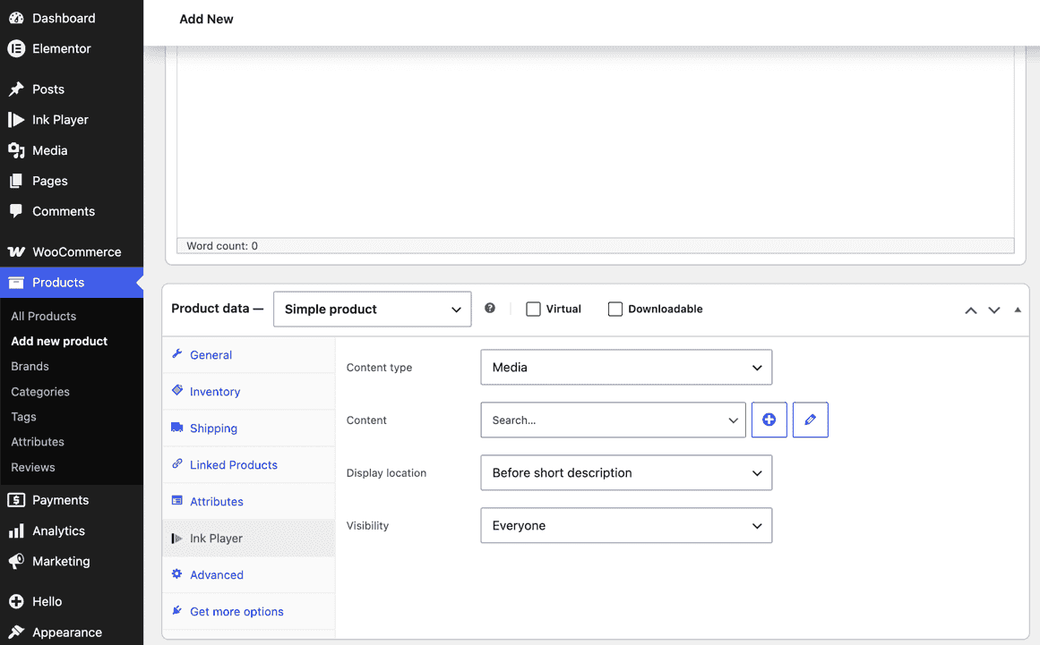 The Ink Player tab in the WooCommerce Product data panel