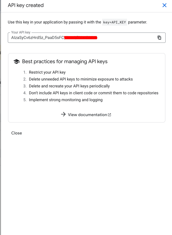 The API key created dialog