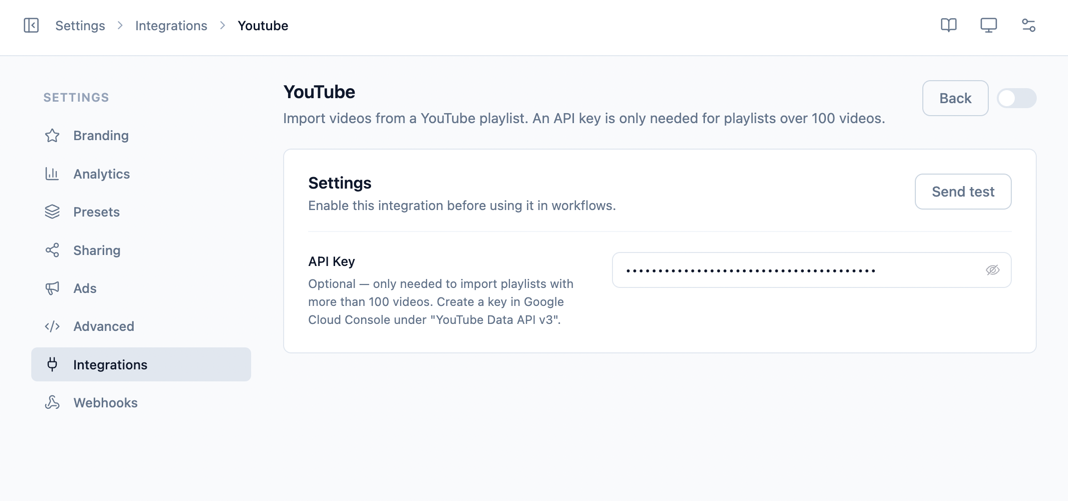 The YouTube integration settings with the API Key field