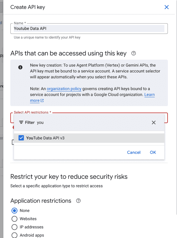 The Create API key drawer with API restrictions