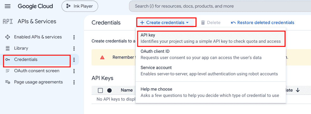 Create credentials → API key menu