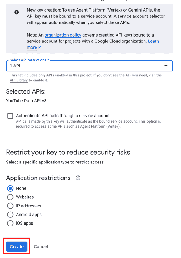 The Create button in the API key form