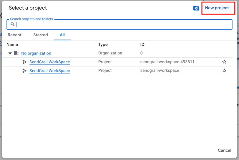 The New project button in the project picker