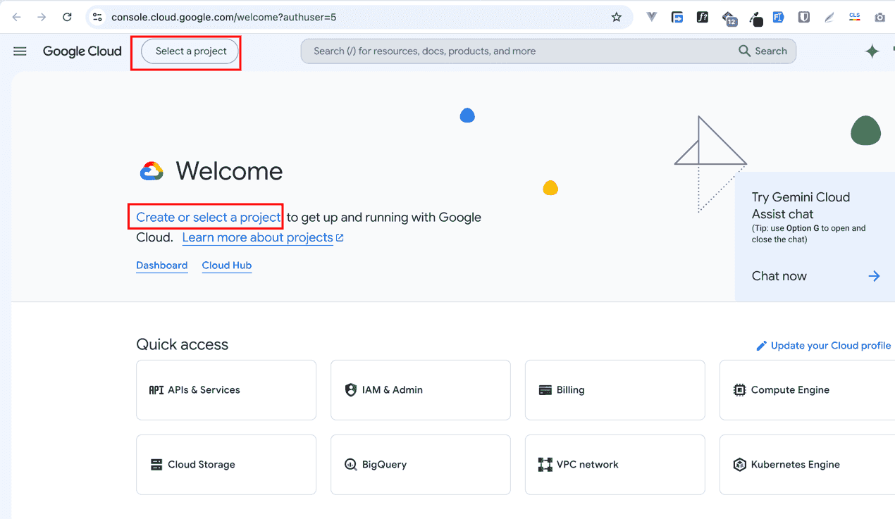 The Google Cloud Console welcome screen