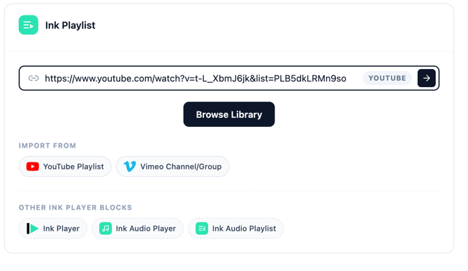 The new-playlist dialog with a YouTube playlist URL and the Import from options