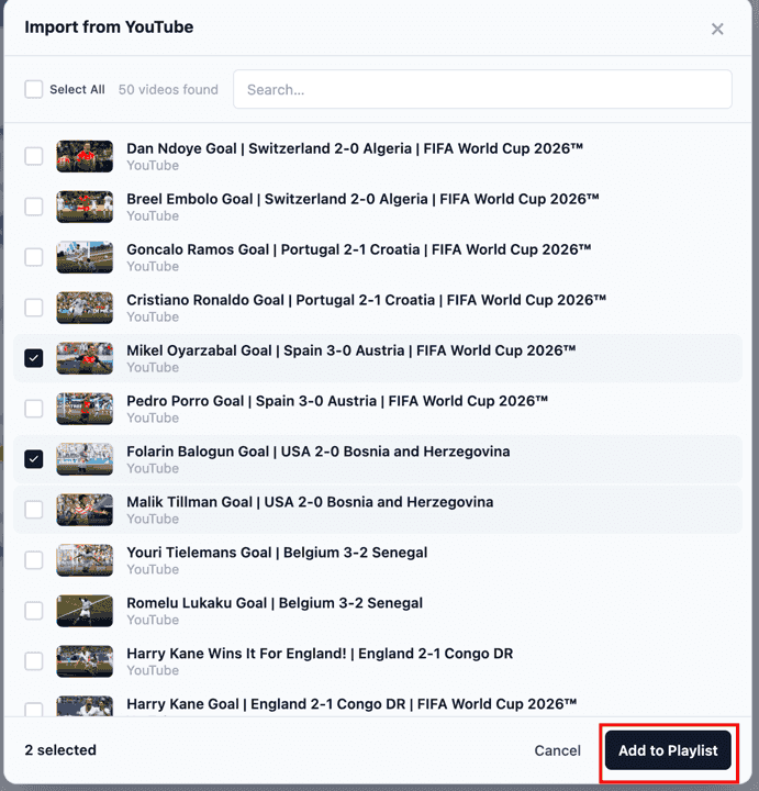 The Import from YouTube dialog listing the playlist's videos with checkboxes