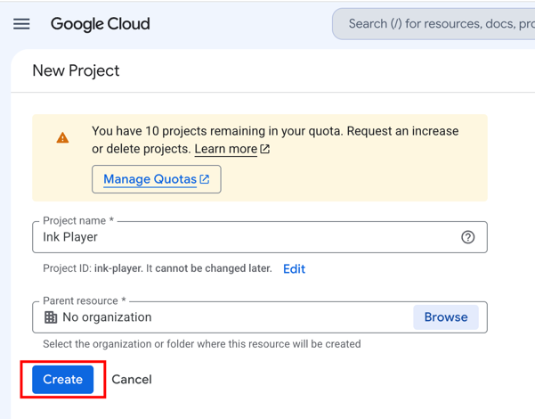 The New Project form with a name field