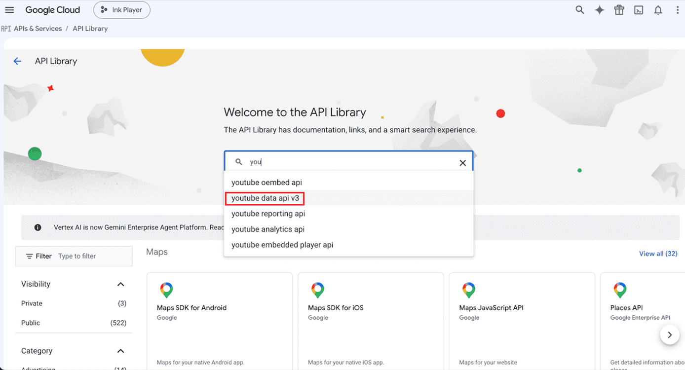 Searching the API Library for the YouTube Data API