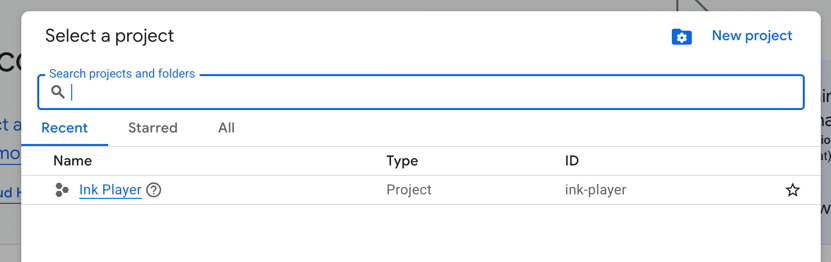 The Google Cloud project picker dialog