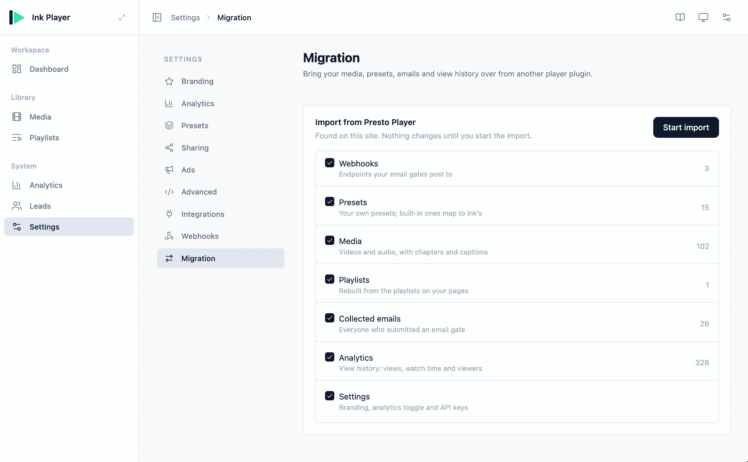 Settings → Migration — an Import from Presto Player card with a checklist of webhooks, presets, media, playlists, collected emails, analytics, and settings, each with a count