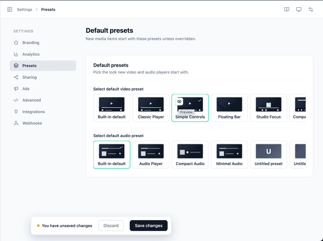 Preset tiles with the preview action