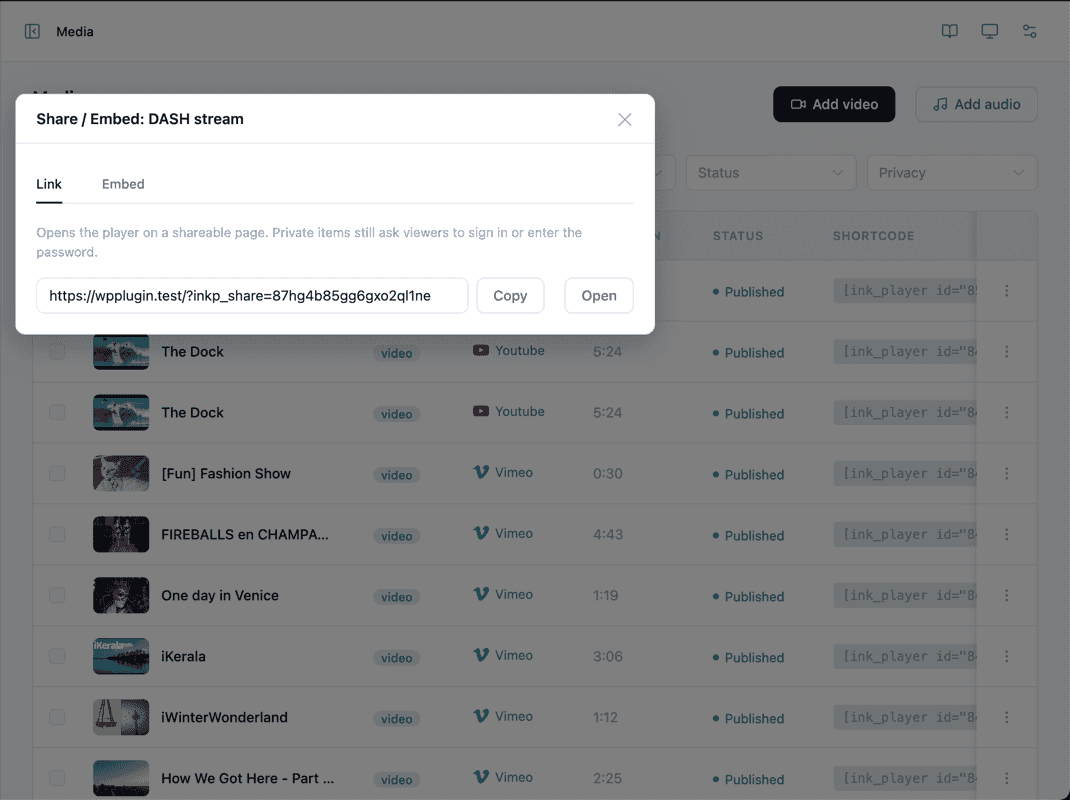 Share / Embed dialog with Link and Embed tabs