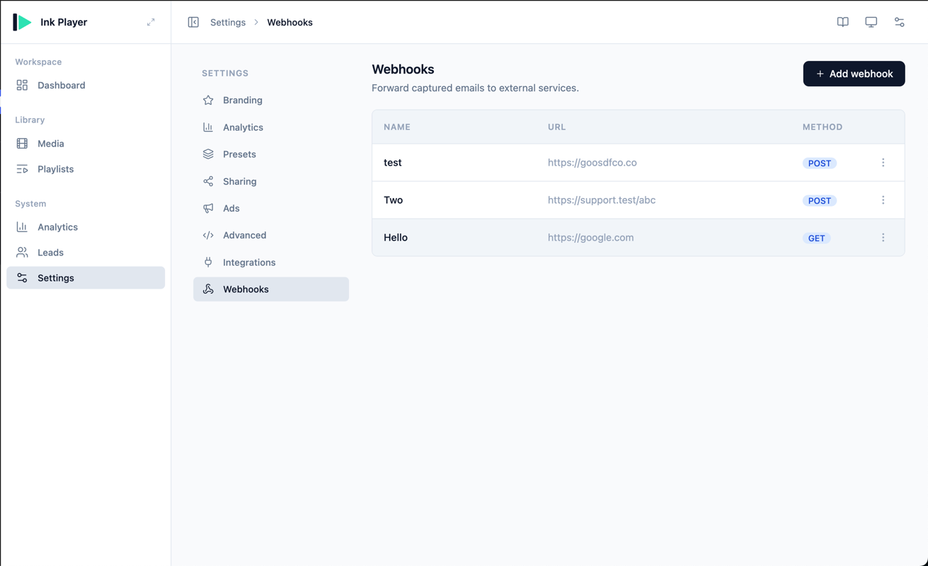 Webhook dialog — Name, URL, Method, and Headers
